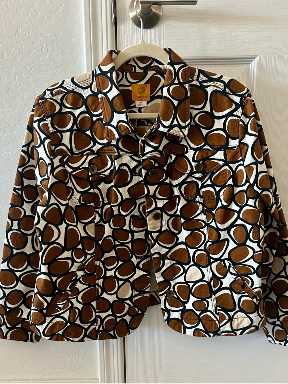 Ruby Rd. Brown and White Retro Circle Print Jean Jacket